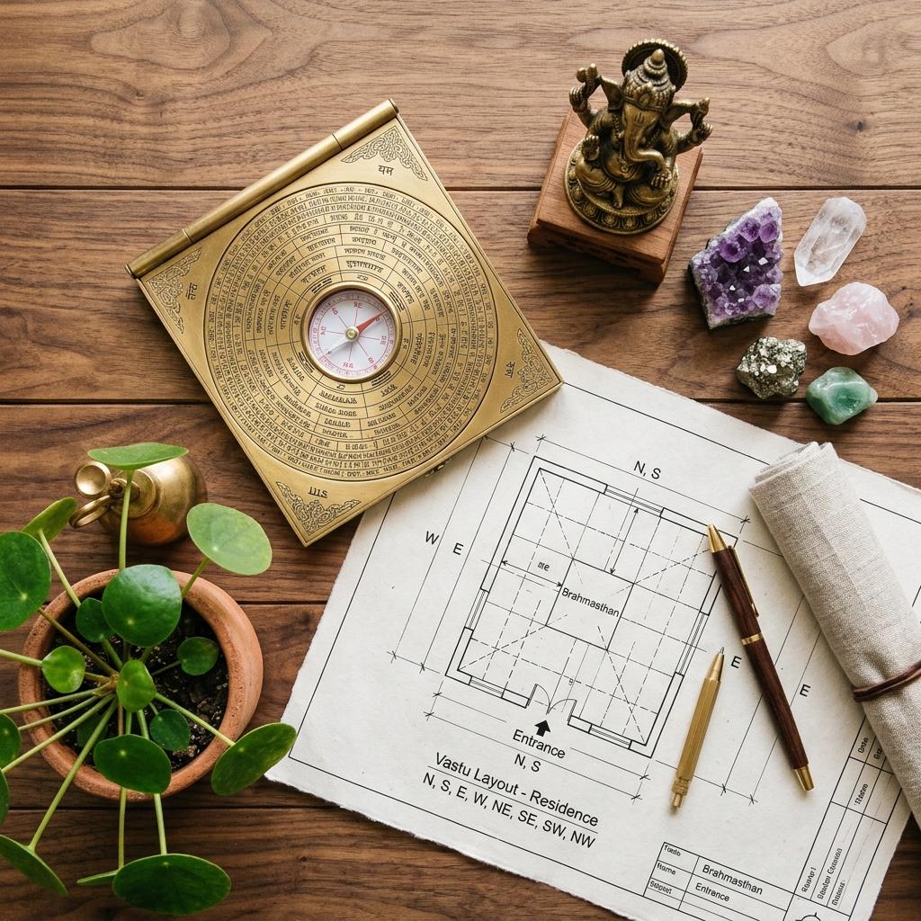 Vastu remedy tools including compass, yantras and elements